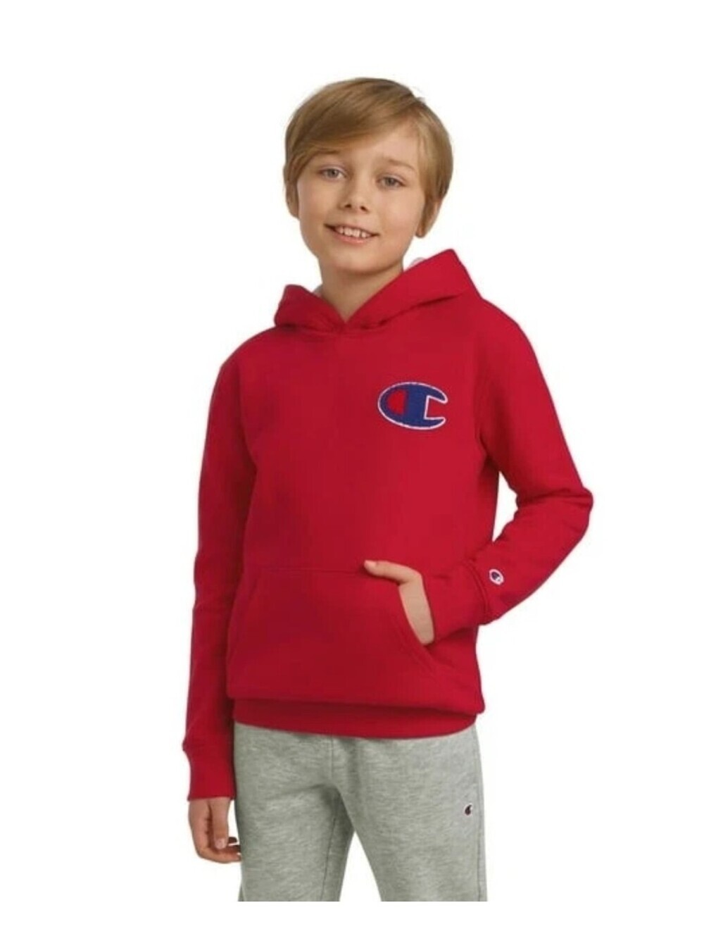 Champion Boy's Red Logo Long Sleeve Pullover Fleece Hoodie - Size: M 10-12